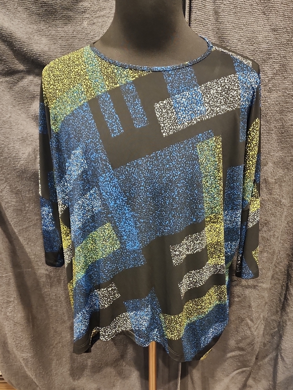 Clara Sun Woo Black Abstract Scoop Neck Top with Blue & Yellow Accents